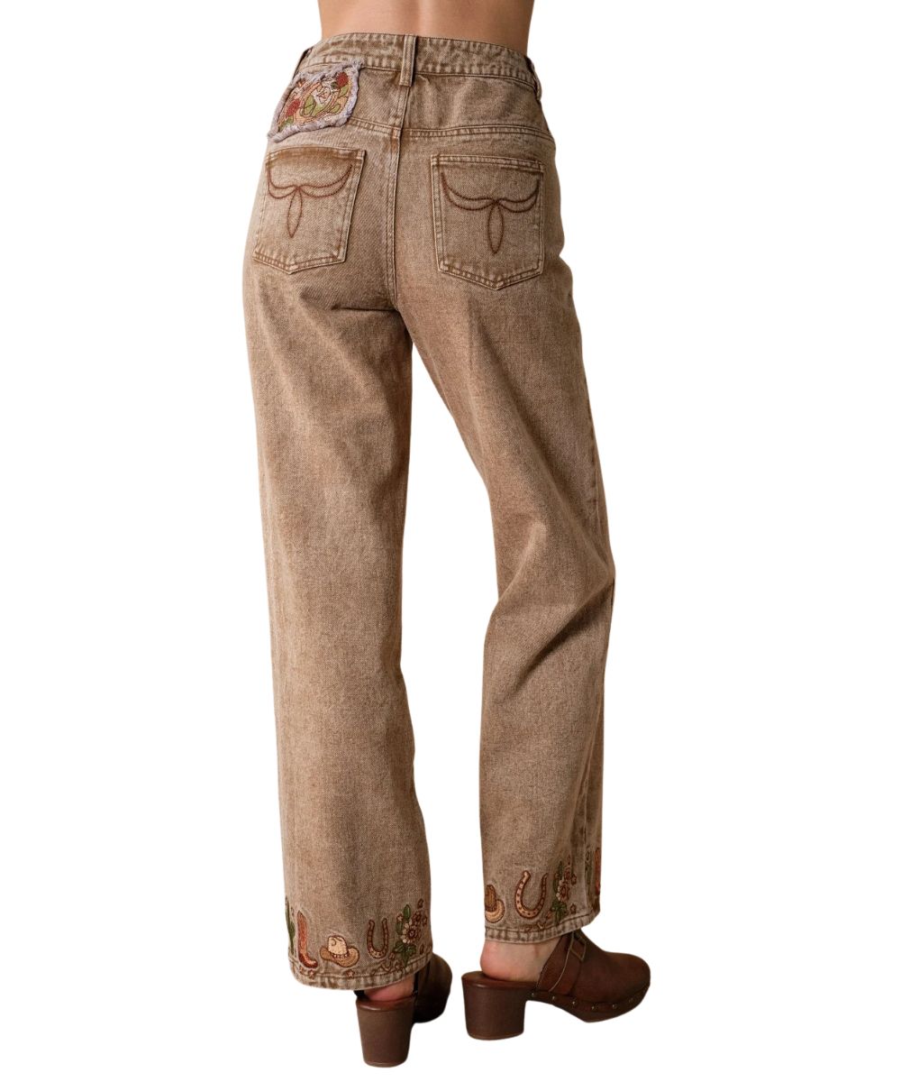 Back view of the women's mocha high-rise wide leg jean featuring the embroidered back pocket details, floral embroidery above the back pocket, and western embroidered motifs along the hems