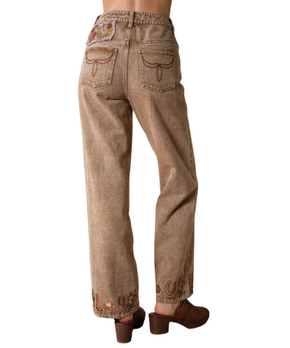 Back view of the women's mocha high-rise wide leg jean featuring the embroidered back pocket details, floral embroidery above the back pocket, and western embroidered motifs along the hems