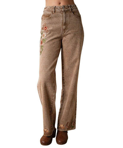 Front view of the women's mocha Blue B wide leg jean featuring the relaxed fit, high rise, zip fly with button closure, floral embroidery along the thigh, and western embroidery along the hems