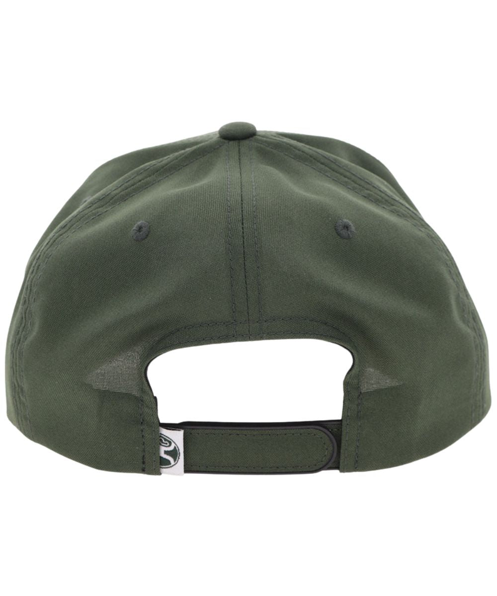 Back view of the green and white mark out cap featuring an adjustable snapback closure