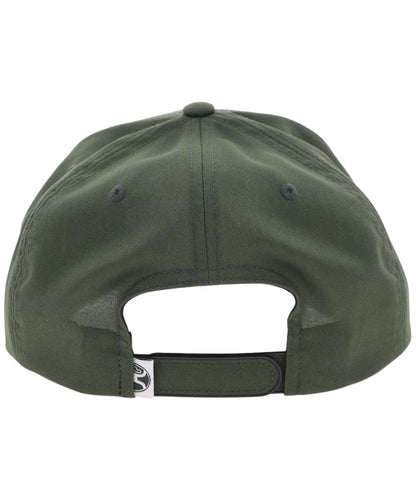Back view of the green and white mark out cap featuring an adjustable snapback closure