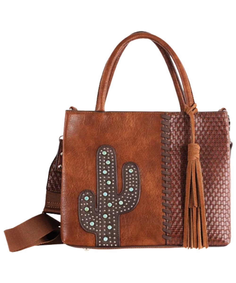 Women's Catchfly brown faux leather mini tote bag featuring the fixed shoulder straps and a removable/adjustable crossbody strap, basketweave embossed pattern, whipstitch, and a brown studded cactus with turquoise stones