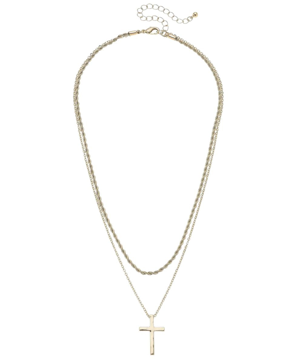 Flat view of the women's shiny gold 16" adjustable layered necklace featuring the gold pendant by Canvas Style