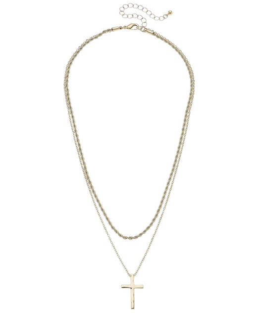 Flat view of the women's shiny gold 16" adjustable layered necklace featuring the gold pendant by Canvas Style