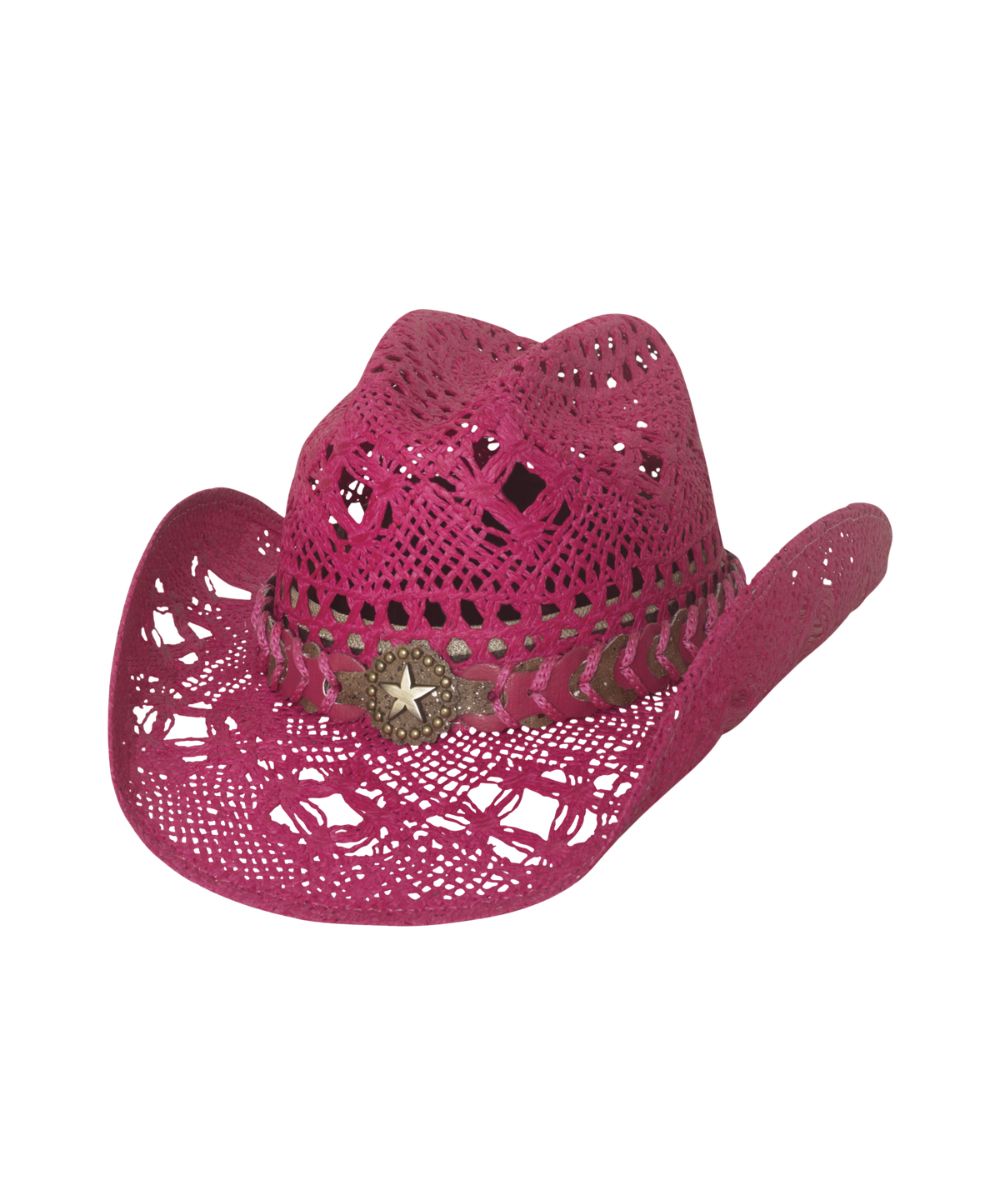 Pink cowboy hat with star emblem on a white background