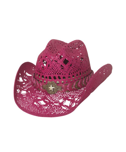 Pink cowboy hat with star emblem on a white background