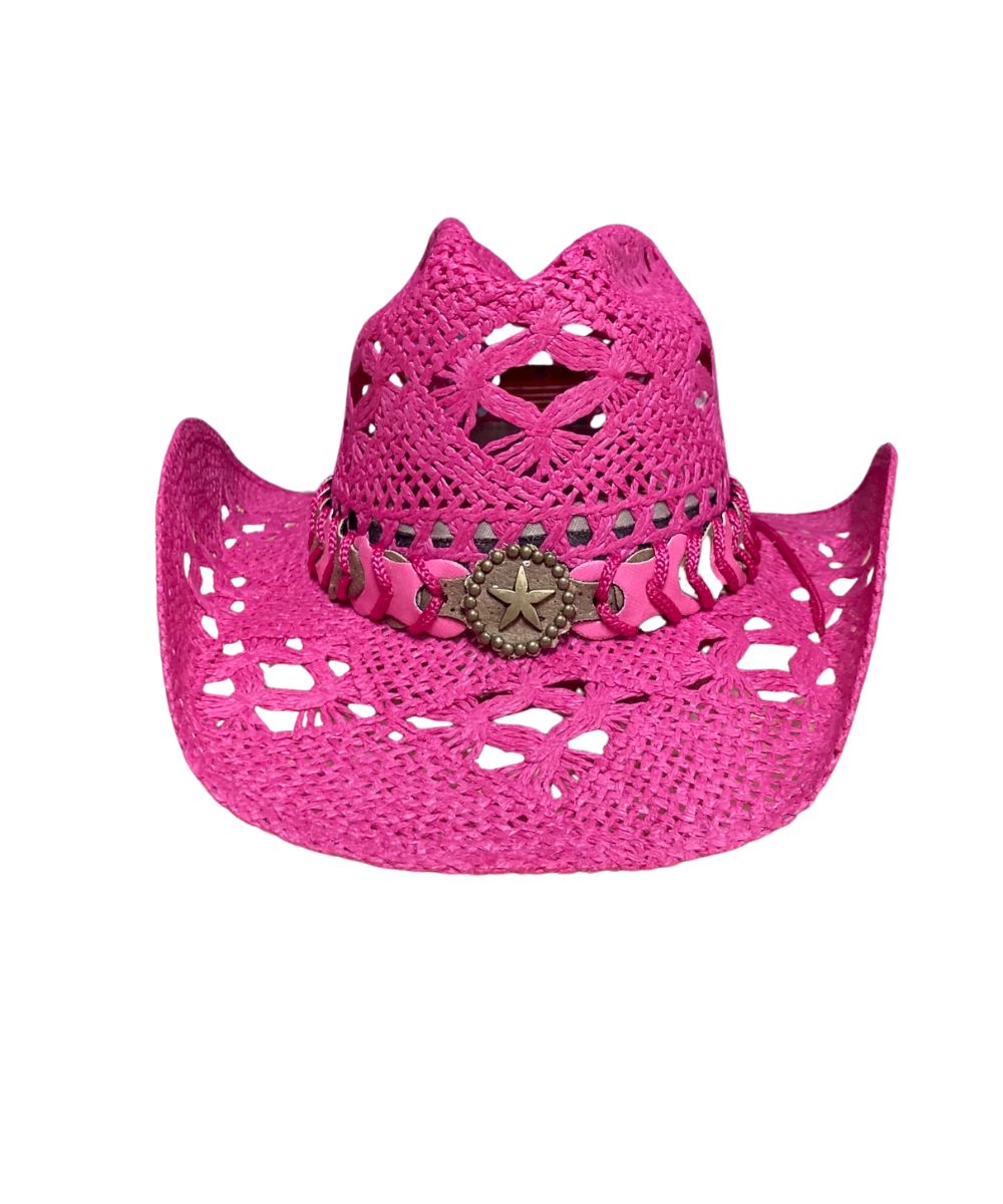 Pink cowboy hat with star embellishment on a white background