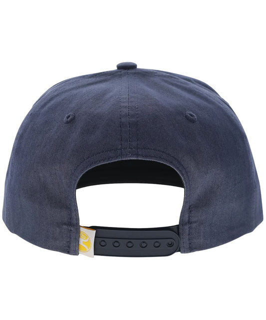 Back view of adjustable snapback closure of blue cap