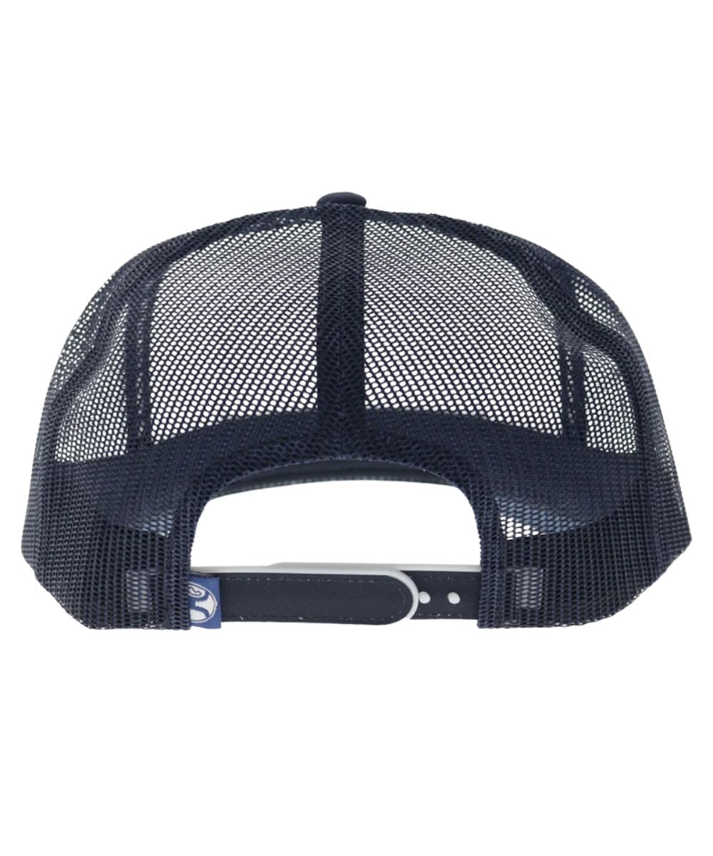Back view featuring the navy mesh and an adjustable snapback closure, one size fits most