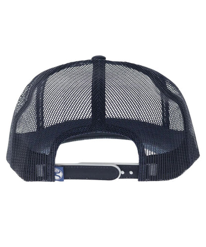 Back view featuring the navy mesh and an adjustable snapback closure, one size fits most