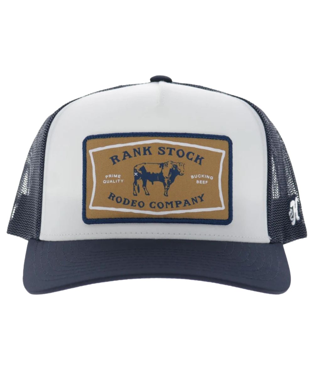 Front view of the white and navy Rank Stock ball cap featuring the high-profile fit, curved bill, and 5 panel construction