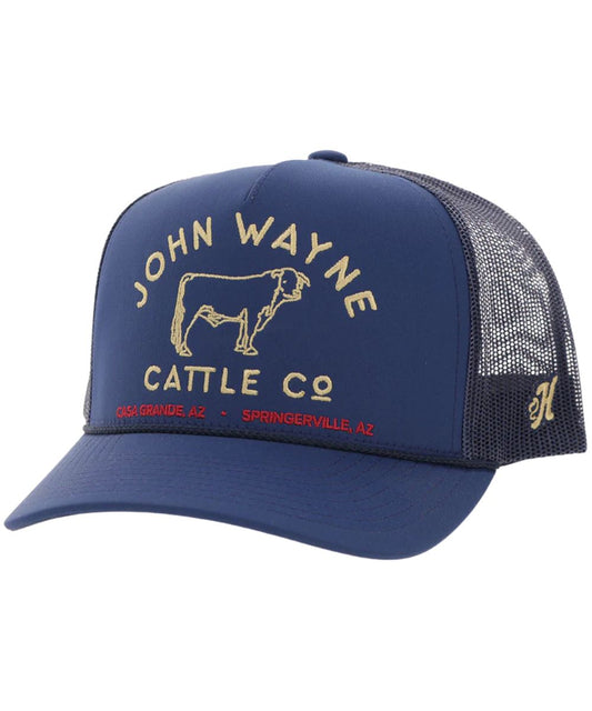 Navy Adult Cap Featuring A High-Profile Fit, Curved Bill, And Yellow Embroidery On The Front That Reads: "John Wayne Cattle Co"