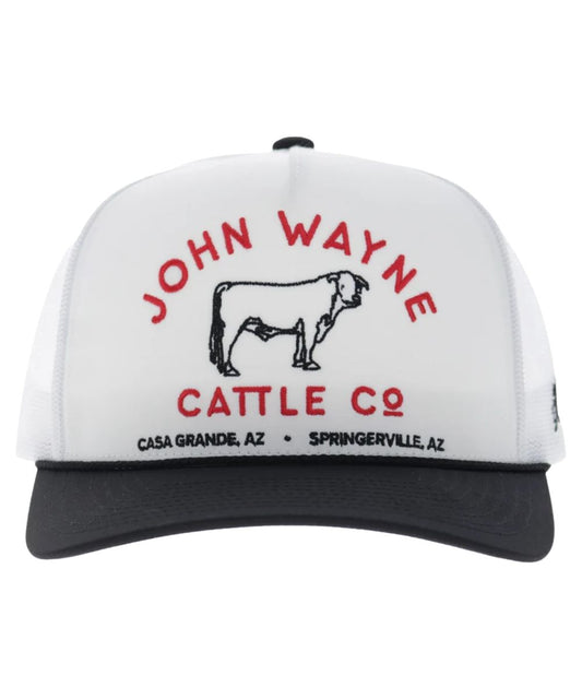 Front view of the John Wayne trucker cap featuring the 5 panel construction and the high-profile fit