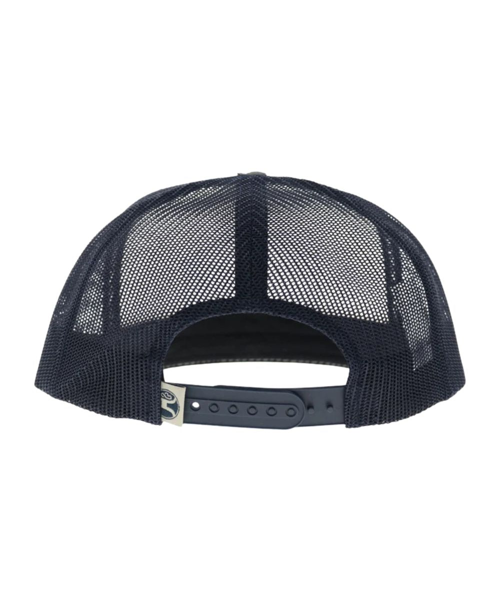 Back view of the navy mesh back and an adjustable snapback closure, one size fits most