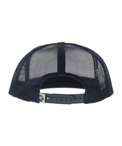 Back view of the navy mesh back and an adjustable snapback closure, one size fits most