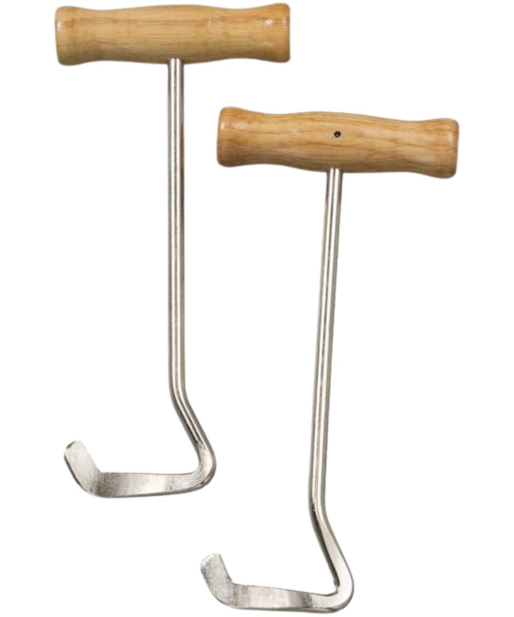 Side view of the metal boot hooks with a wooden handle to make pulling on boots easier