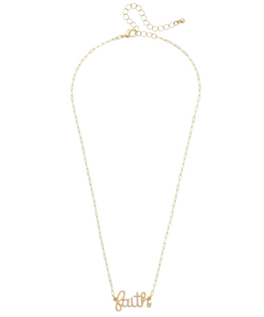 Flat view of the women's shiny gold 17" adjustable necklace with a cursive charm that reads: "Faith" by Canvas Style