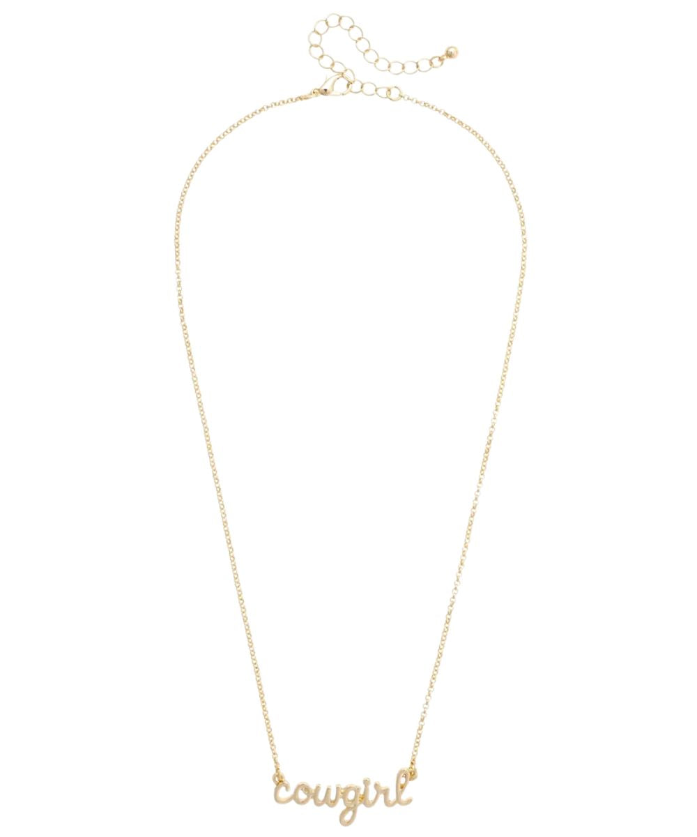 Flat view of the women's 16" adjustable shiny gold necklace with a charm that reads: "Cowgirl" in cursive