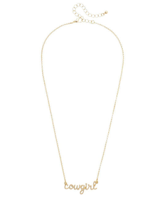 Flat view of the women's 16" adjustable shiny gold necklace with a charm that reads: "Cowgirl" in cursive