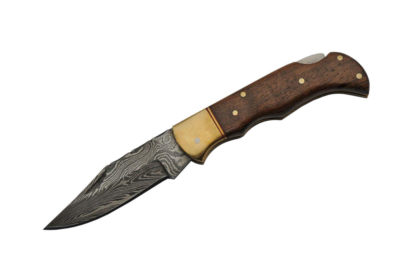 Double D Damascus Brown Wood Handle Lock Back Pocket Knife
