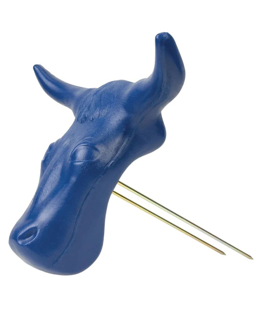 Blue plastic steer head roping dummy with removable hay bale spikes