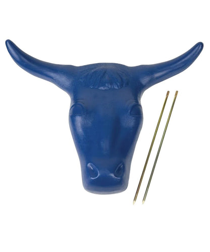 Blue steer head roping dummy with spikes removed for easy travel