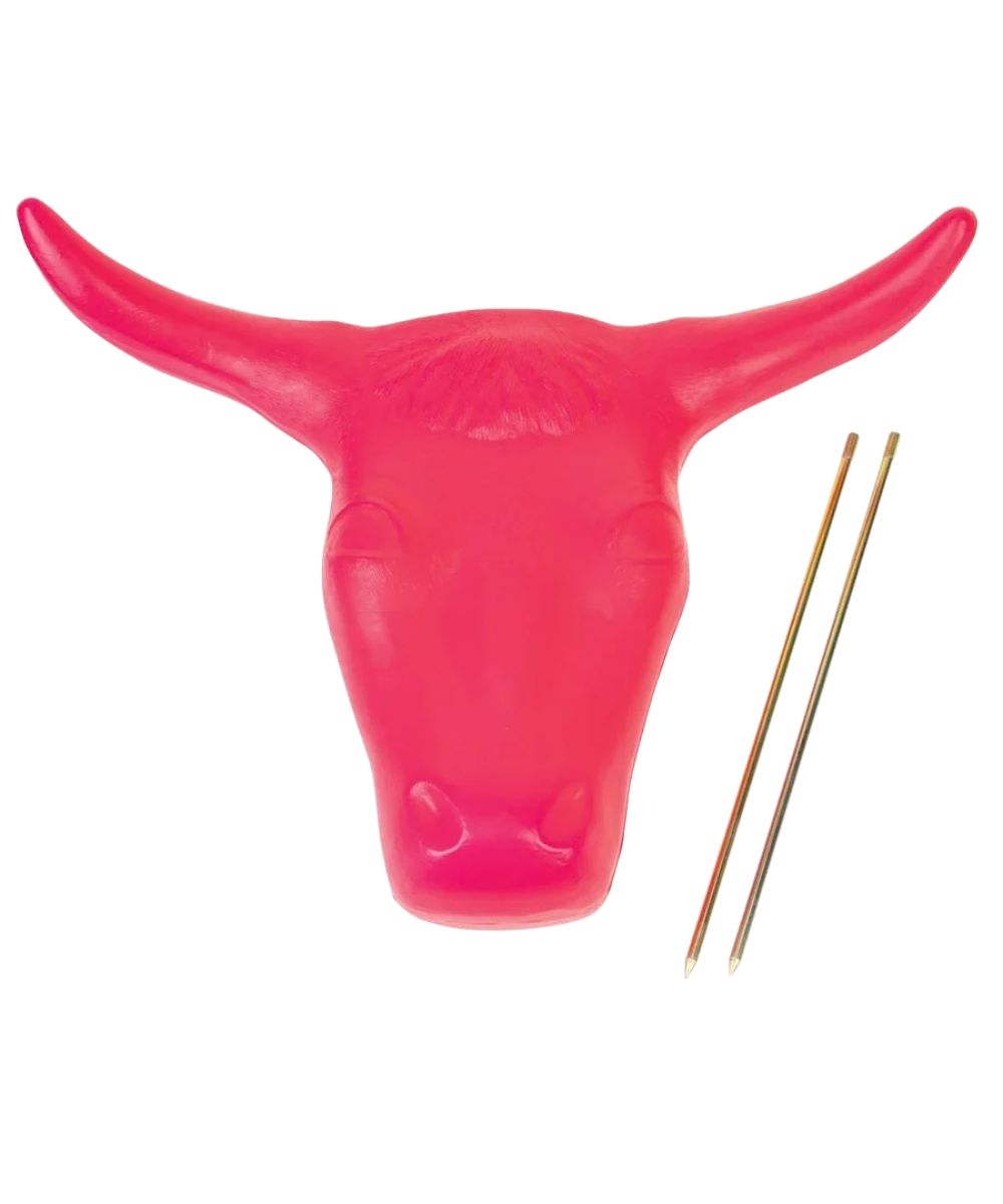 Pink plastic steer head roping dummy with spikes removed for easy travel