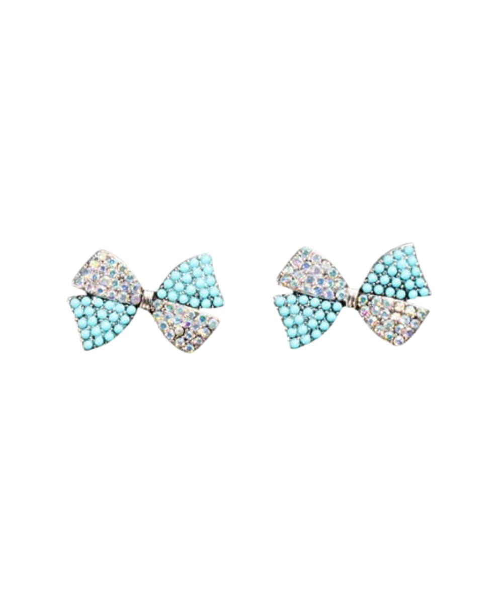 Women's Bow Shaped Post Earrings With Turquoise And Clear Crystal Inlays