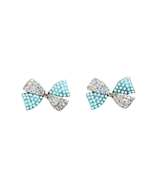 Women's Bow Shaped Post Earrings With Turquoise And Clear Crystal Inlays