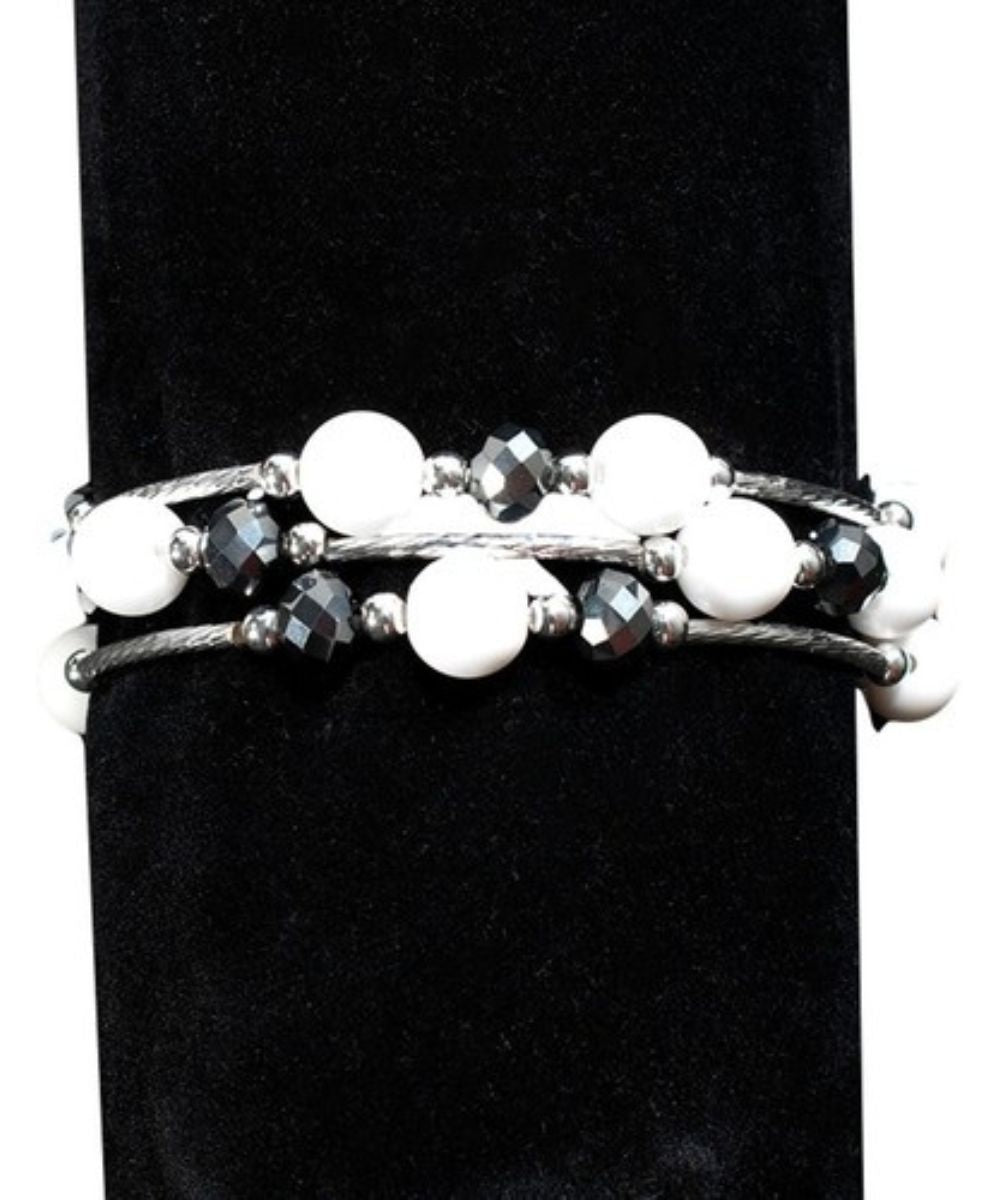 Women's 3-Piece Bracelet Set Featuring White And Dark Grey Beads