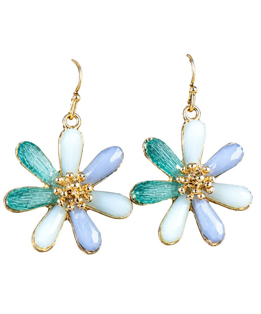Women's Flower Shaped Dangle Earrings With A Gold Frame And Blue Beaded Petals