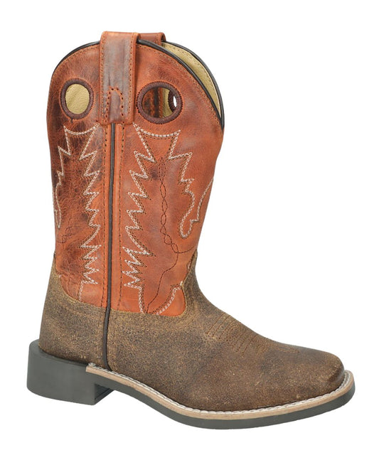 Boy's 8.5" Leather Western Boot Featuring A Distressed Brown Vamp And Burnt Orange Shaft With Pull Holes