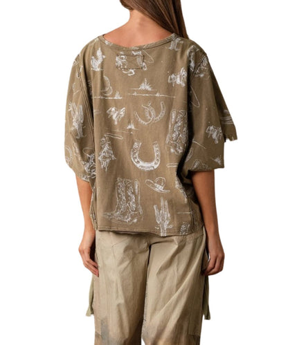 Back view of the women's olive tee featuring the dropped shoulders, round neckline, and exposed seam detailing