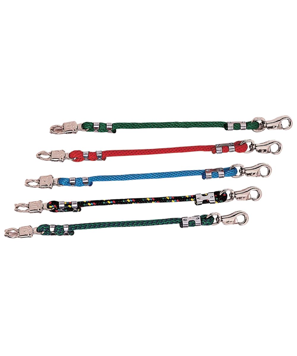 Five trailer ties with silver metal clasps arranged horizontally on a white background. The ties are green, red, blue, black with colorful flecks, and dark green.