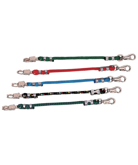 Five trailer ties with silver metal clasps arranged horizontally on a white background. The ties are green, red, blue, black with colorful flecks, and dark green.