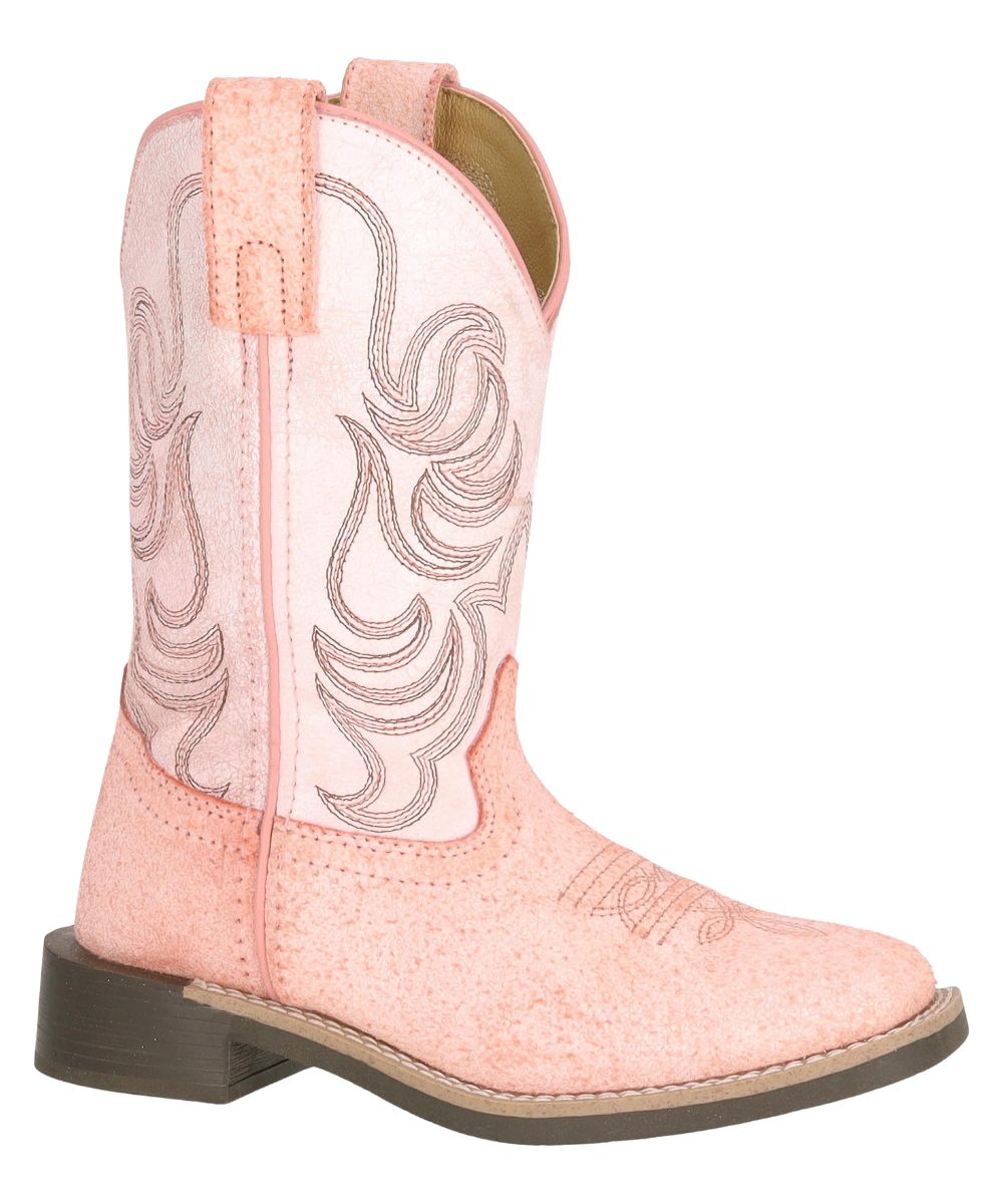 Right angled view of the little girl's Frosted Pink Smoky Mountain Western Boot featuring the 8.75" shaft, pink leather upper, tpr sole, square toe, block heel, and pull tabs