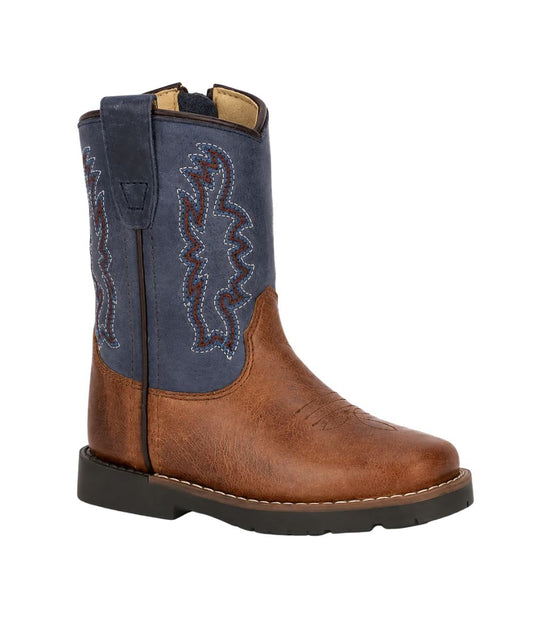 Right angled view of the toddler leather boot featuring the brown vamp and blue shaft
