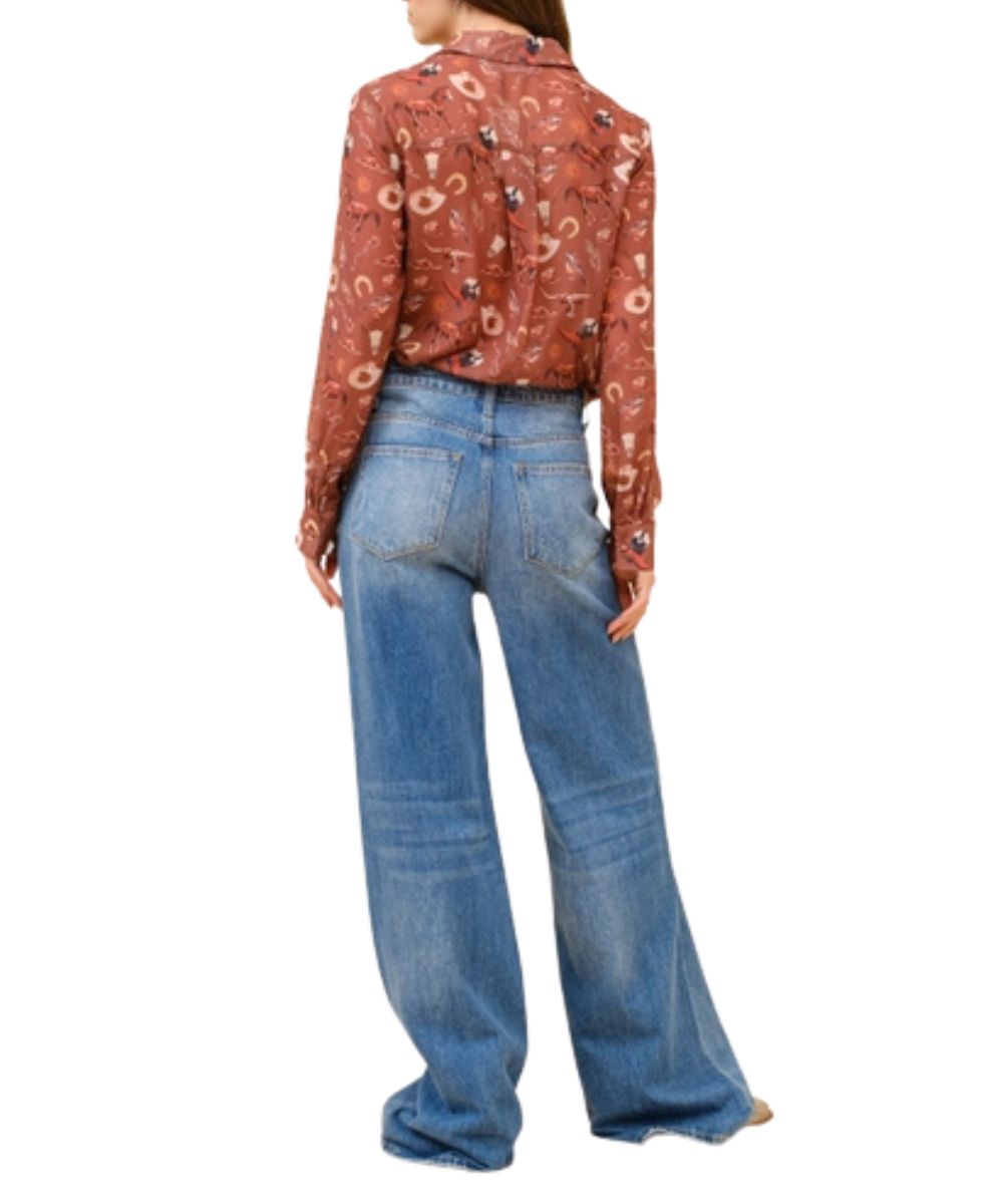 Back view of the women's russet brown western blouse featuring a straight back yoke with box pleat and relaxed fit
