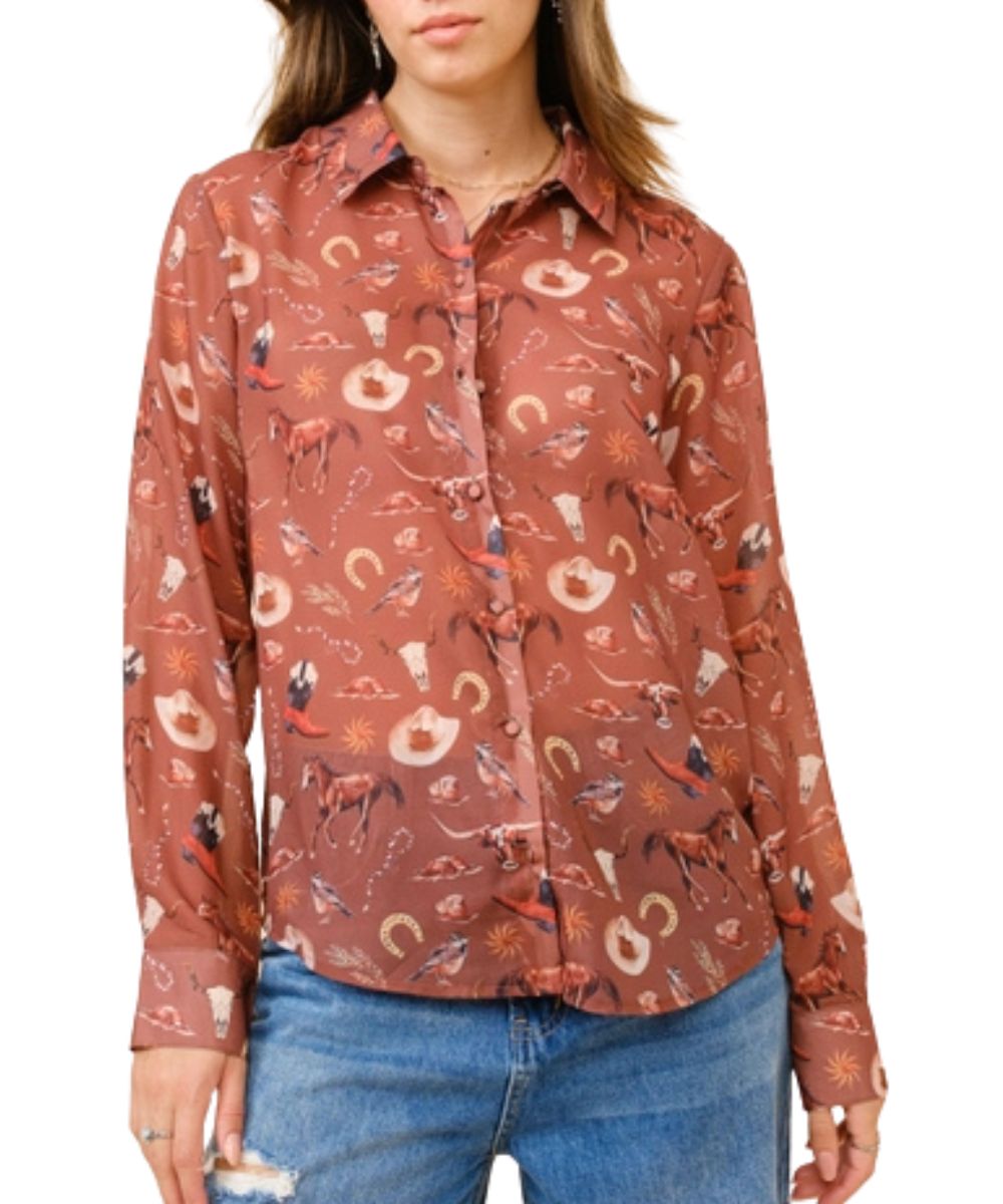 Front view of the women's russet brown chiffon blouse featuring western print and button front closure