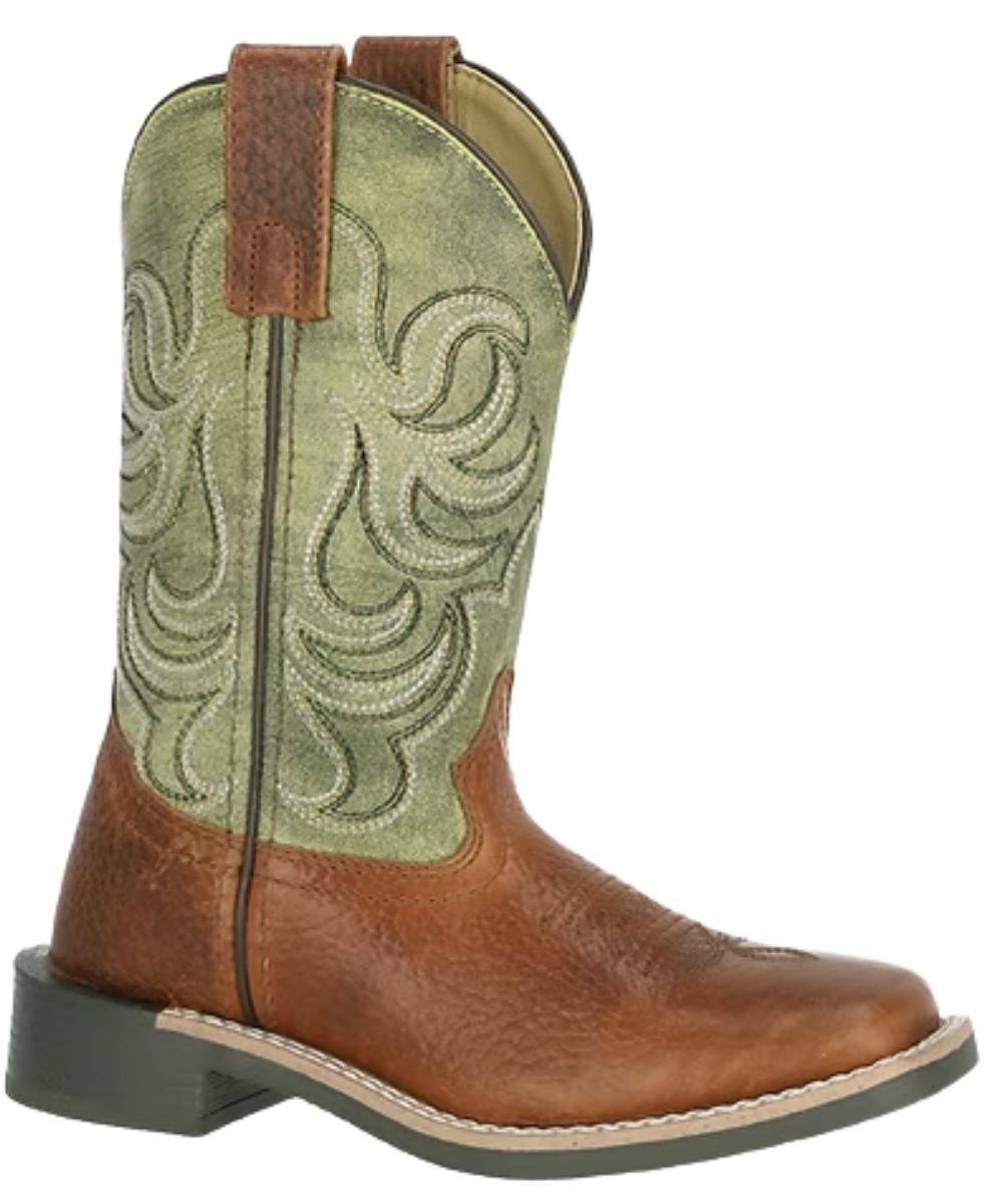 Right angled view of the unisex youth Smoky Mountain Grant Western Boot featuring the leather upper construction, pebble brown vamp, vintage green shaft,  rubber sole, and square toe