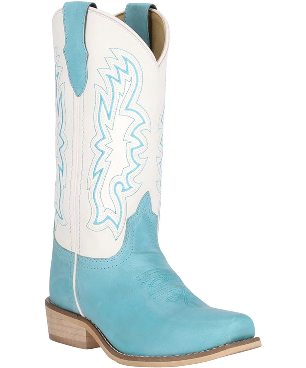 Right angled view of the little girl's sky blue & white Smoky Mountain Boot featuring the leather upper, sky blue vamp, white shaft, and cutter toe