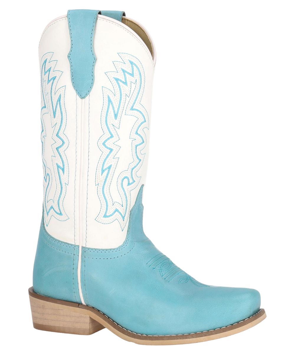 Right angled view of the youth girl's Smoky Mountain Wichita Western Boot featuring the 10" shaft, sky blue leather vamp, white leather shaft, pull tabs, stacked western heel, and cutter toe