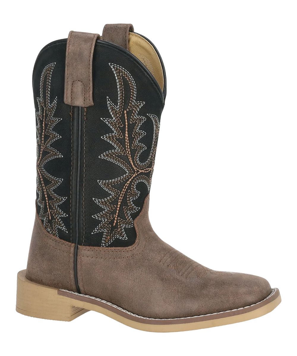 Right angled view of the little boy's Adobe Smoky Mountain Western Boot featuring the 8.75" shaft, brown leather vamp, black leather shaft with contrast stitching, leather pull tabs, tpr outsole, block heel, and square toe