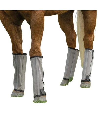 Gray horse leg wraps with black trim shown on a horse's legs against a white background.