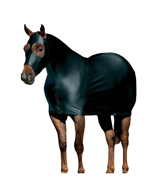 A horse wearing a glossy black body covering and matching face mask, shown against a plain white background.