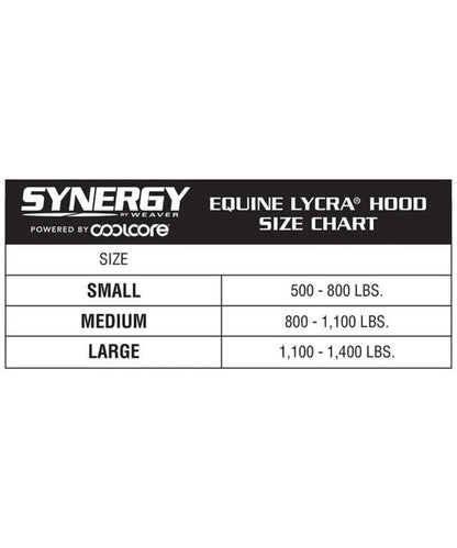 size chart for the lycra hood showing a small for 500-800lbs. medium for 800-1100lbs. Large for 1100-1400lbs