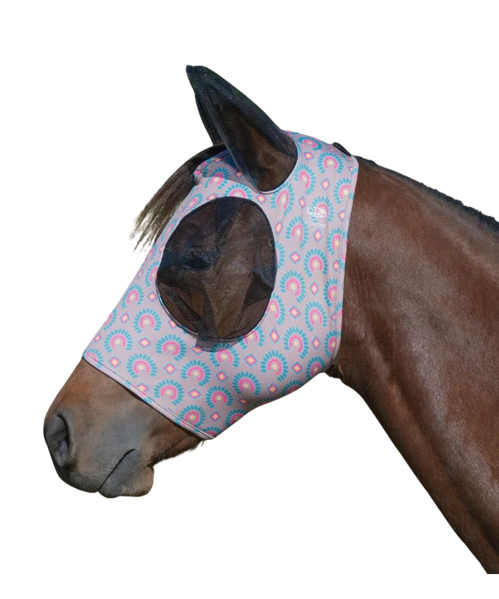 Horse model view of the Weaver equine lycra coolcore fly mask in blossom blast