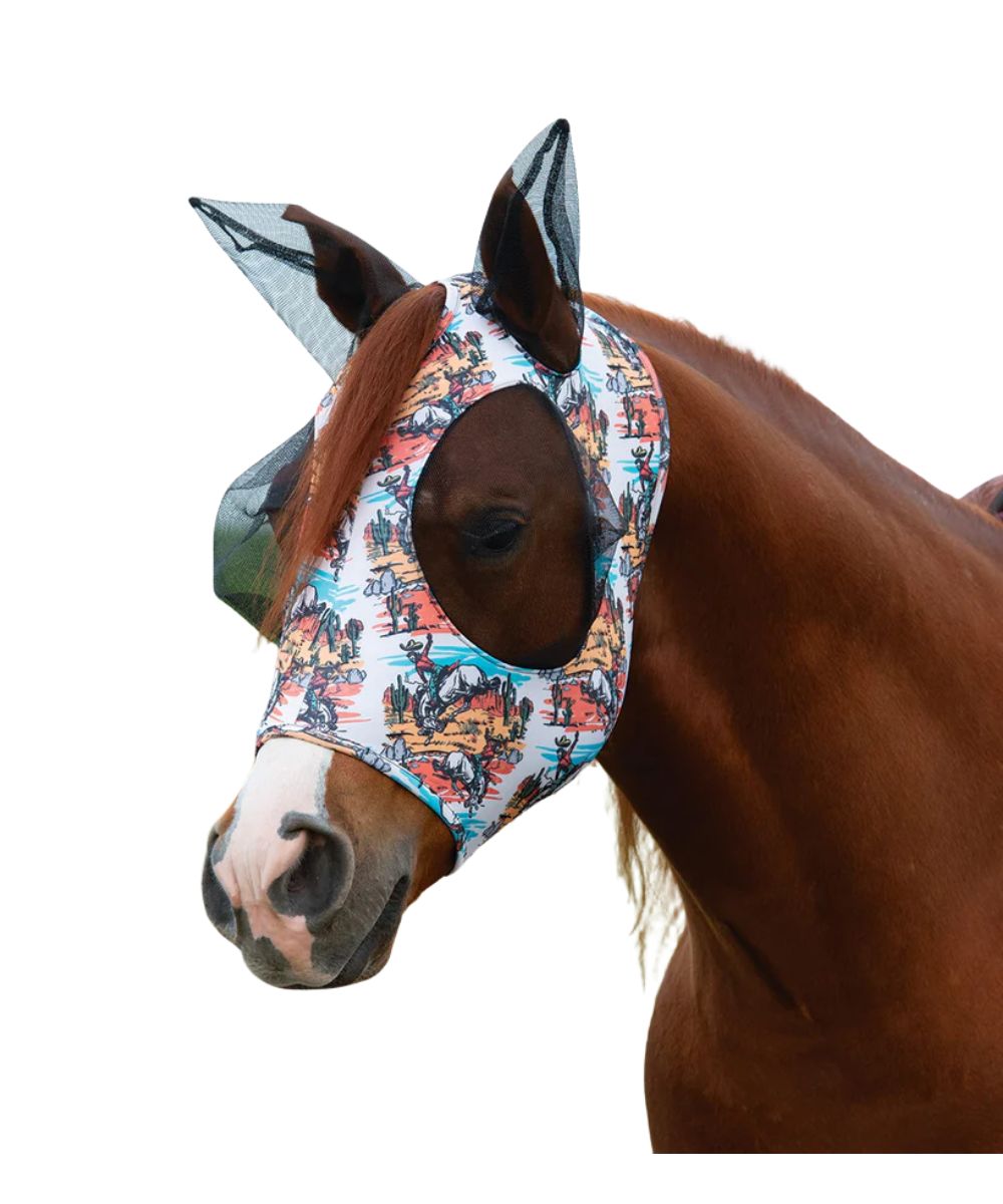 Horse model view of the Weaver equine lycra coolcore fly mask in bucking bronc