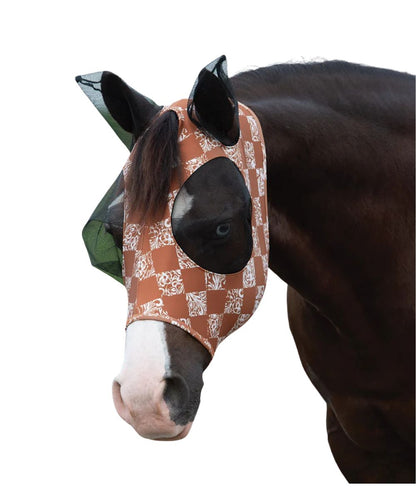 Horse model view of the Weaver equine lycra coolcore fly mask in checkerboard