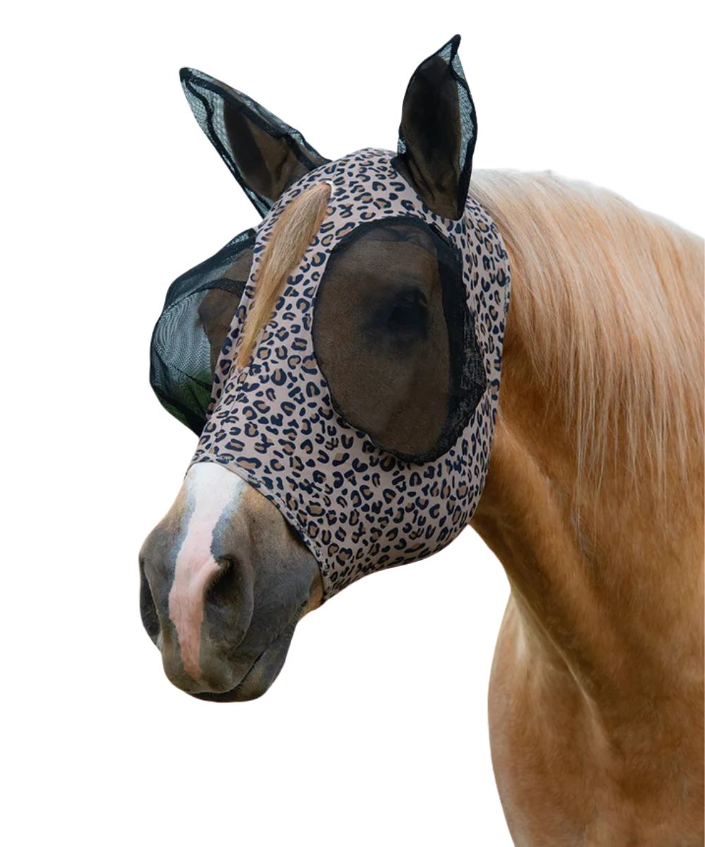 Horse model view of the Weaver equine lycra coolcore fly mask in leopard